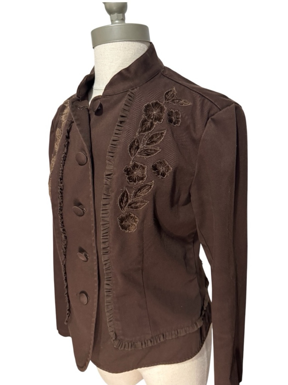 Talbots Brown Embroidered Ruffle-Trim Button Jacket - Picture 2 of 4